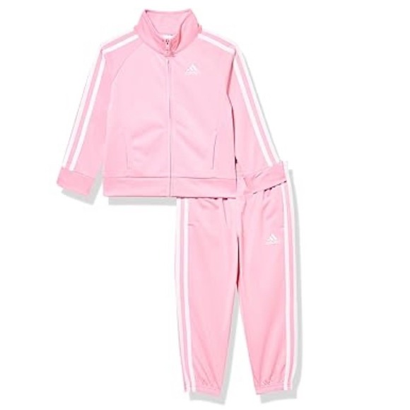 Adidas Tracksuit Set Size 4 Pink White Stripe Zip Up Jacket Pants Kids - Picture 1 of 12